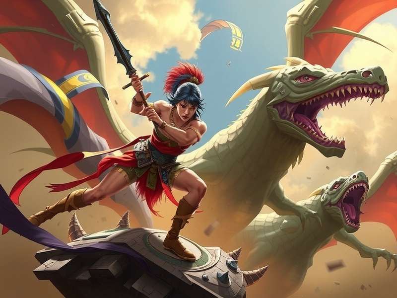 Godavari Gladiator concept art showing a warrior battling mythical creatures